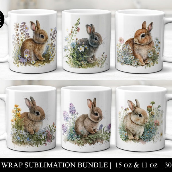 Easter Mug Sublimation Bundle, Bunny Rabbit Coffee Cup Wraps, Spring Flowers Commercial Use 11oz Print Ready Digital Download Design File