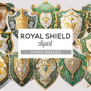 May include: A collection of 14 digital clipart images of ornate, gold and green shields with various designs.  ROYAL SHIELD clipart 14 PNG IMAGES.
