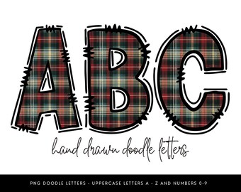 May include: The letters "ABC" are displayed in a plaid pattern with a black outline and stitched details. The words "hand drawn doodle letters" are written in cursive below the letters. The background is white.