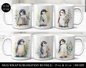 Puede incluir: Conjunto de seis tazas de cerámica blanca de 11 oz y 15 oz con diseños de sublimación que presentan ilustraciones de acuarela de pingüinos con flores. El texto "MUG WRAP SUBLIMATION BUNDLE | 15 oz & 11 oz | 300 DPI" está en la parte inferior de la imagen.
