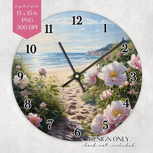 Blommig strandklocka i PNG: Sublimeringsdesign för kustsommar (15 x 15 i digital nedladdning)