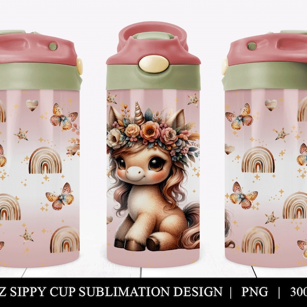 Enchanted Unicorn Sippy Cup Sublimation Design: Floral Fantasy 12oz Toddler Drinkware Image, Adorable Nursery PNG, 300 DPI