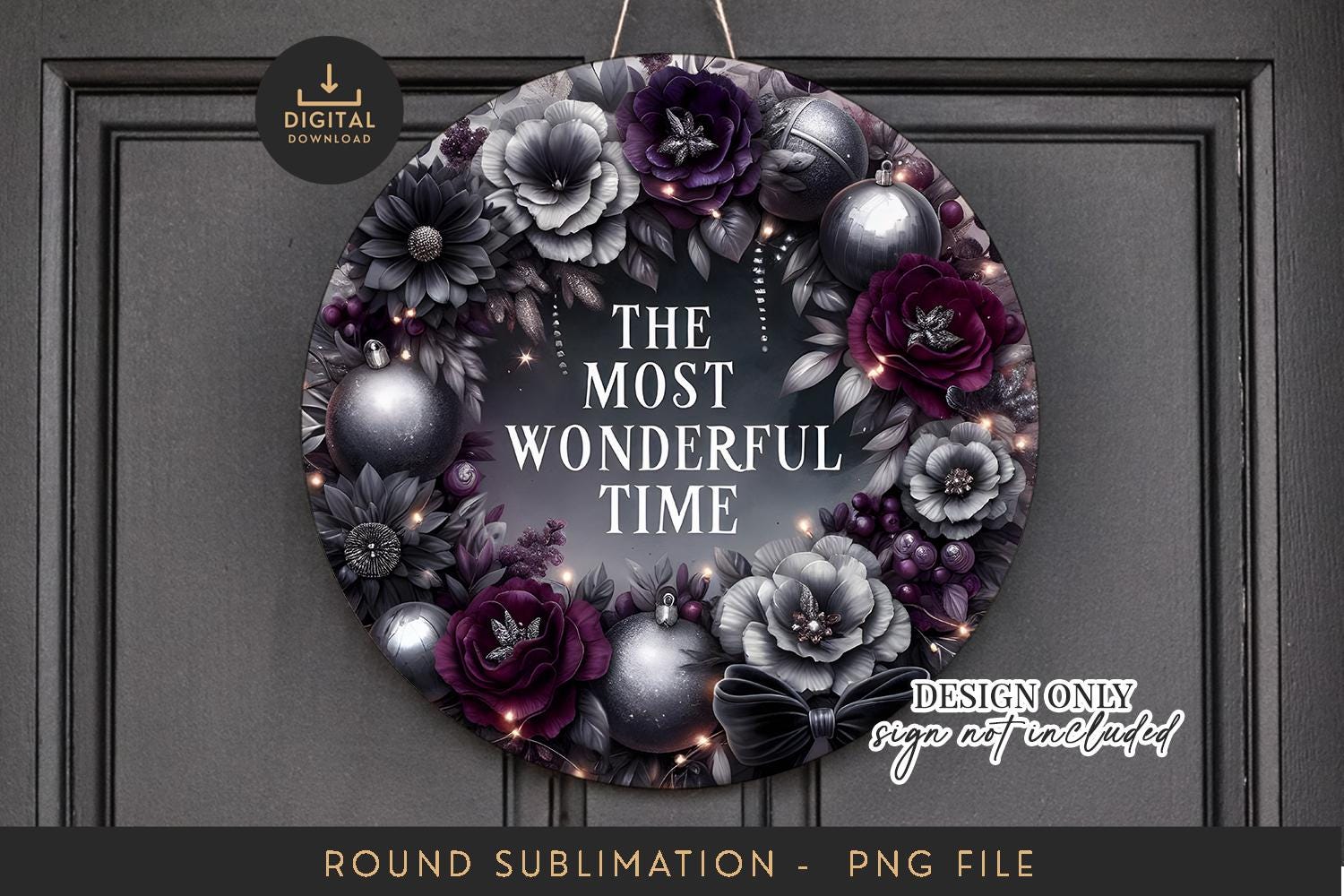 Gothic Christmas Wreath Sign: Moody Floral Door Hanger PNG