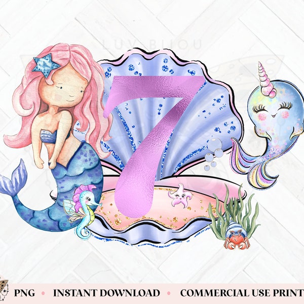 7th Birthday Mermaid PNG, Cute Mermaid PNG, Mermaid Birthday PNG, Under The Sea, Number 7, Birthday Sublimation Design Digital Download