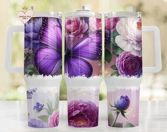 Purple Butterfly Floral 40oz Tumbler Wrap Sublimation Design (PNG)
