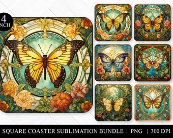 Stained Glass Butterflies Square Coaster Bundle, Art Nouveau Sublimation Bundle, 6 Assorted Coaster Designs, Keychain PNG, Earring Clipart