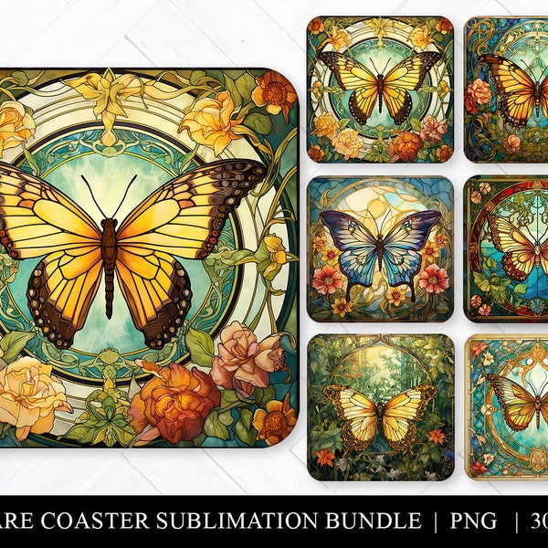 Stained Glass Butterflies Square Coaster Bundle, Art Nouveau Sublimation Bundle, 6 Assorted Coaster Designs, Keychain PNG, Earring Clipart