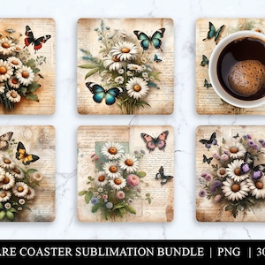 May include: Set of six 4-inch square coasters featuring a vintage floral design with butterflies. The coasters have a distressed, aged look and are perfect for adding a touch of rustic charm to your home decor.