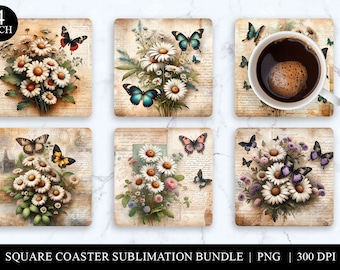 Posavasos con diseño de mariposas y flores: PNG rústico vintage (descarga digital)