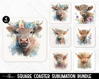 Highland Cow Coaster PNG: Floral Sublimation Designs (Digital Download)