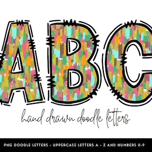 Regenbogen Doodle Alphabet PNG Handgezeichnete Brushstroke Buchstaben Großbuchstaben und Zahlen für Sublimationsschrift Clipart Handwerk HTV druckbare Kunst