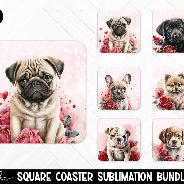 Set of 6 Square Coaster Sublimation Designs, Printable Dog Face Images, Red Roses Valentines PNG Download