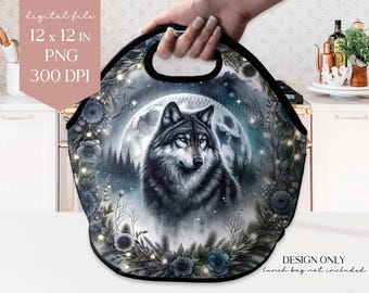 Wolf Lunch Tote PNG: Floral Moonlit Design (Digital Download)