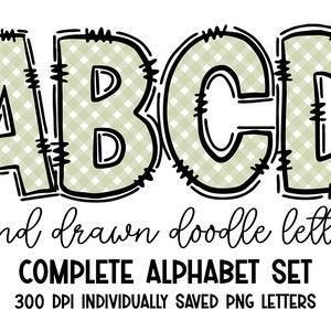 Green Gingham Doodle Letters, Green & White Alphabet Letters, Hand Drawn Doodle Letters, Sublimation Alpha Set Designs PNG