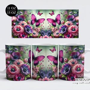 Pink Butterfly Mug Wrap PNG, Floral Coffee Cup Template, Instant Download Sublimation Design for 11oz & 15oz