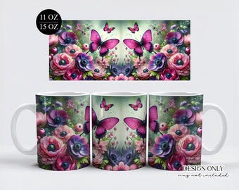 Pink Butterfly Floral Mug Wrap: Sublimation Design (Digital Download)