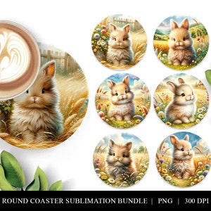 May include: Set of six round coasters featuring adorable cartoon bunnies in a field of flowers and wheat. Each coaster has a different bunny pose and background. The coasters are perfect for adding a touch of whimsy to your home decor.