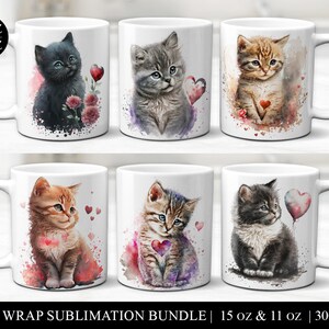 May include: A sublimation bundle of 10 mug wraps featuring watercolour illustrations of cats with hearts. The mugs are available in 11 oz and 15 oz sizes. The designs are perfect for Valentine's Day or any occasion.