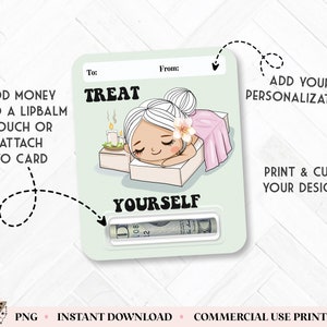 Może przedstawiać: Drukowana karta podarunkowa z kresk&oacute;wkową ilustracją kobiety relaksującej się na ł&oacute;żku spa. Tekst na karcie brzmi "Treat Yourself".