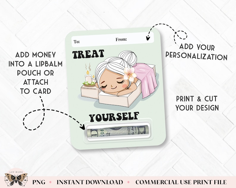 Może przedstawiać: Drukowana karta podarunkowa z kresk&oacute;wkową ilustracją kobiety relaksującej się na ł&oacute;żku spa. Tekst na karcie brzmi "Treat Yourself".