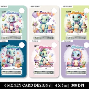 Paquete de titulares de tarjetas de cumpleaños de dinosaurios para niños, imprimir y luego cortar archivos de diseño PNG, titular de tarjetas de regalo de cumpleaños, bolsa de bálsamo labial de cumpleaños