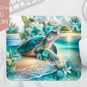 Sea Turtle Mouse Pad Sublimation PNG | 9.5x8.1in 300 DPI Beach Floral Ocean Design | Digital Download for Office Desk Decor
