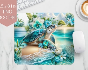 Meeresschildkröte Maus Pad Sublimation PNG | 9.5x8.1 in 300 DPI Strand Blumen Ozean Design | Digitaler Download für Schreibtisch Dekor