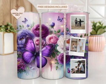 May include: Three stainless steel tumblers with a floral design featuring purple butterflies and pink flowers. Each tumbler has a different photo of a family in a scenic setting. The text "FREE DESIGNS INCLUDED" is at the top of the image.