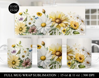 Sunflower Daisy Mug Sublimation Wrap: Floral Coffee Mug Design (Digital Download)