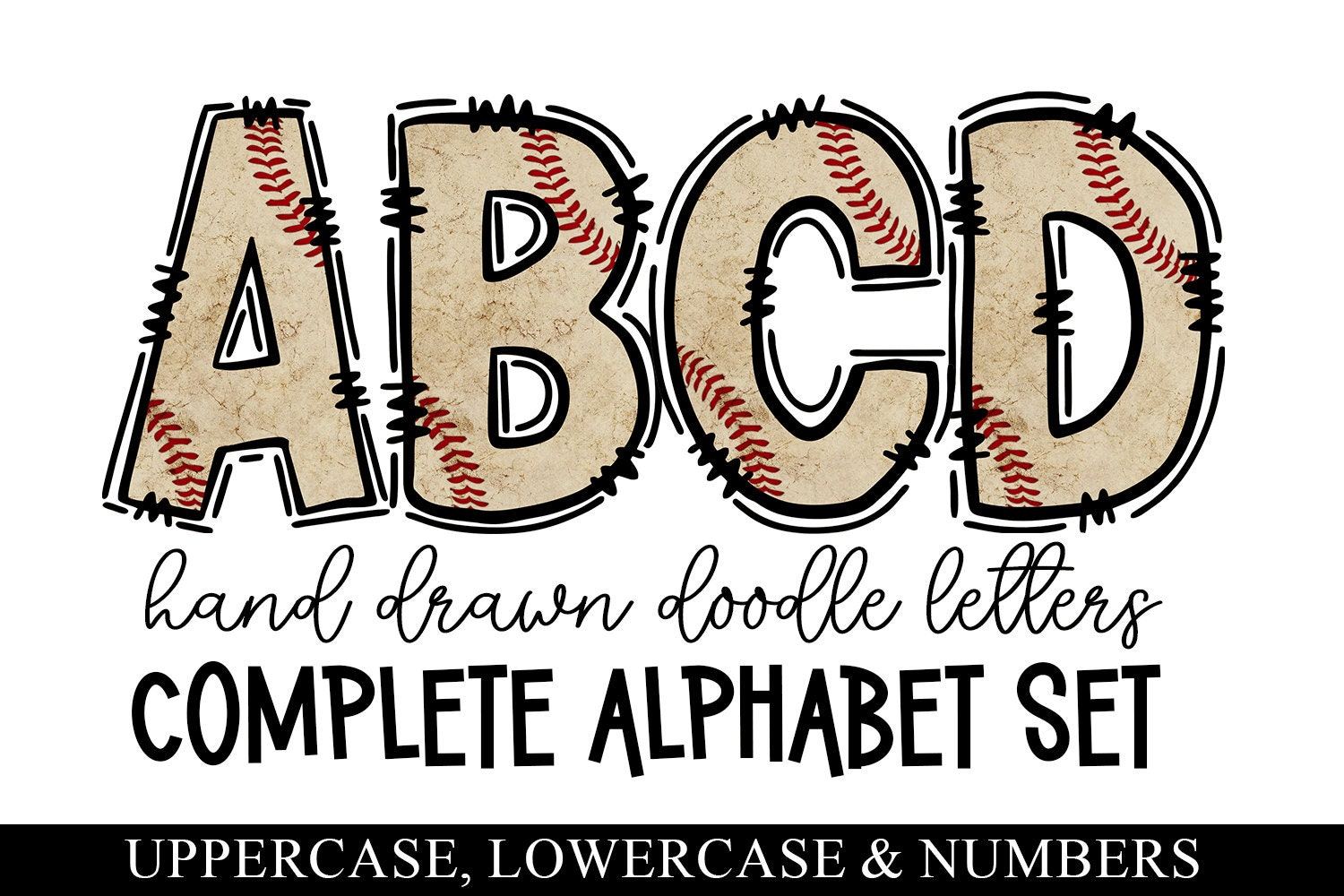 Baseball Doodle Letters, Baseball Letters Print Sublimation PNG, Vintage Baseball Alpha Pack, Printable Baseball Font, Baseball Alphabet