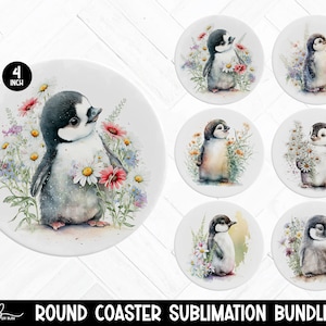 Car Coaster PNG Bundle, Watercolor Baby Penguins Coasters, Cute Artic Animal Car Coaster Templates, Car Cup Coaster Printable Images
