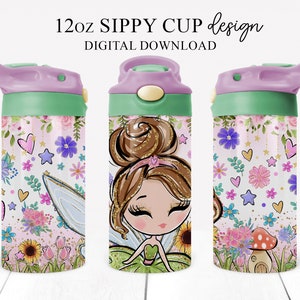 Girls Fairy 12oz Sippy Cup Sublimation Design, Fairy Sublimation Design, Magical Fairy Floral Flip Top Cup Sippy Wrap Design PNG