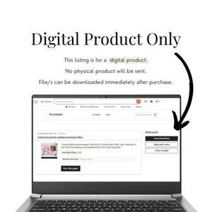 May include: A laptop screen displays an Etsy listing for a digital product. The text "Digital Product Only" is at the top, with a description stating no physical product will be sent and files are downloadable after purchase. The screen shows a purchase confirmation.