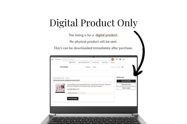 May include: A laptop screen displays an Etsy listing for a digital product. The text "Digital Product Only" is at the top, with a description stating no physical product will be sent and files are downloadable after purchase. The screen shows a purchase confirmation.
