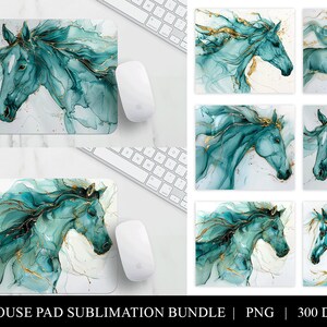 Könnte beinhalten: Ein Set mit acht Sublimations-Mauspads mit abstrakten, aquarellartigen Pferden in Teal- und Goldtönen. Die Mauspads sind für den Sublimationsdruck konzipiert und haben eine Auflösung von 300 DPI.