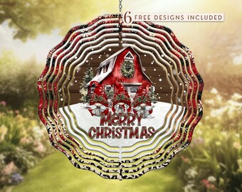 May include: A red and white Christmas wind spinner with a red barn and the words "Merry Christmas" in a white banner. The barn has a wreath on the door and snow on the roof. The wind spinner has a black and white plaid pattern.