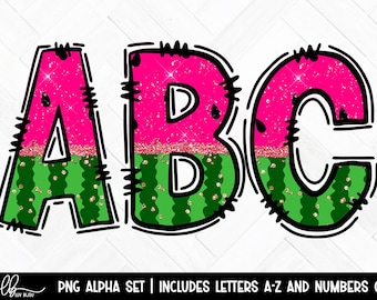 Watermelon Doodle Letters, Fruit Alpha, Png Letters, Fruit Alphabet, Watermelon Font, Commercial Use, Hand Drawn Doodle, Summer Alphabet