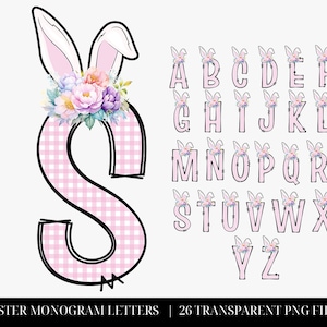 Easter Letters, Easter Sublimation Doodle Letters, Bunny Ears Monogram, Pink Gingham Alphabet, A-Z Floral Easter Clipart, Easter Doodle