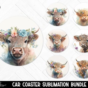 Highland Cow Car Coaster PNG Bundle, Boho Cow Coasters, Watercolor Cows Car Coaster Templates, Cute Car Cup Coaster Printable Images