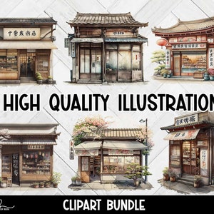 May include: Six watercolor illustrations of Japanese storefronts. Each storefront has a unique design and features a variety of details, including signage, windows, and doors. The illustrations are set against a white background.
