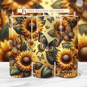 Glitter Sonnenblume Tumbler Wrap, 20 Unzen Skinny PNG, nahtlose Sublimation Design, digitaler Download für Becher