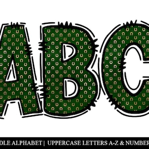 Dia de São Patrício Lucky Horseshoe Doodle Alpha - Letras PNG desenhadas à mão para sublimação - Pacote Alpha verde e dourado para impressão