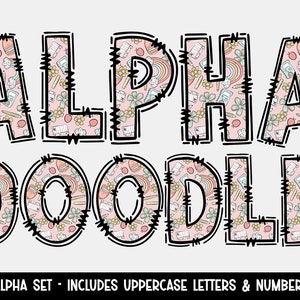 Cute School Retro Doodle Letters, Hand Drawn Doodle Alpha For Sublimation or Print, Patterned Alphabet & Numbers Alpha Font PNG Set