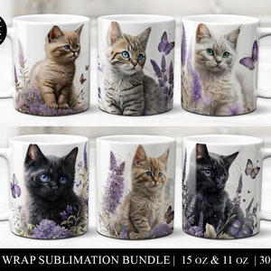 Peut inclure: Ensemble de six motifs de sublimation représentant de jolis chatons avec des fleurs de lavande et des papillons. Les motifs sont destinés aux mugs de 11 oz et 15 oz.