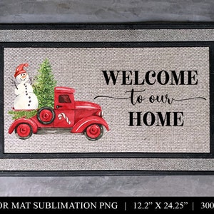 Front Door Mat Sublimation Design, Snowman Welcome Mat PNG, Rustic Christmas Truck Doormat Design Download, Holiday Rug Digital Design