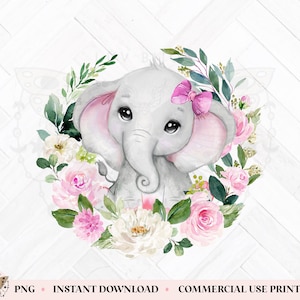 Pink Baby Elephant PNG, Cute Watercolor Elephant Sublimation Design, Baby Girl Digital Download, Kids Nursery Clipart, Pink Floral Wreath