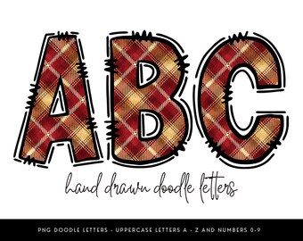 Red Gold Plaid Doodle Font, Christmas Alphabet (PNG Digital Download)