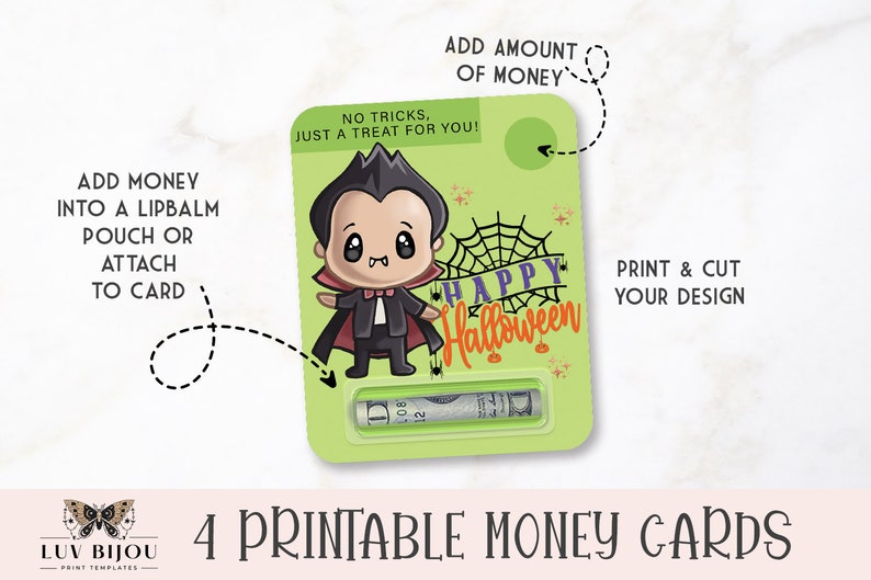 Puede incluir: Tarjeta de dinero de Halloween imprimible con un lindo vampiro de dibujos animados con el texto "Feliz Halloween" y "&iexcl;Sin trucos, solo un regalo para ti!"  Agrega dinero a una bolsa de b&aacute;lsamo labial o adjunta a la tarjeta.