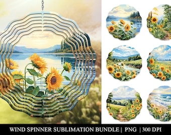 Paquete PNG de sublimación de girasoles y molinetes: diseños de paisajes en acuarela (descarga digital)