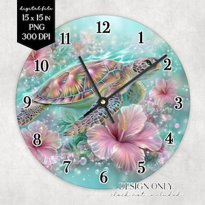 Könnte beinhalten: Runde Wanduhr mit einer Meeresschildkröte, die zwischen rosa Hibiskusblüten schwimmt. Das Zifferblatt hat schwarze Ziffern und Zeiger. Die Worte "DESIGN ONLY clock not included" stehen unten. Die Uhr hat einen Durchmesser von 38 cm.
